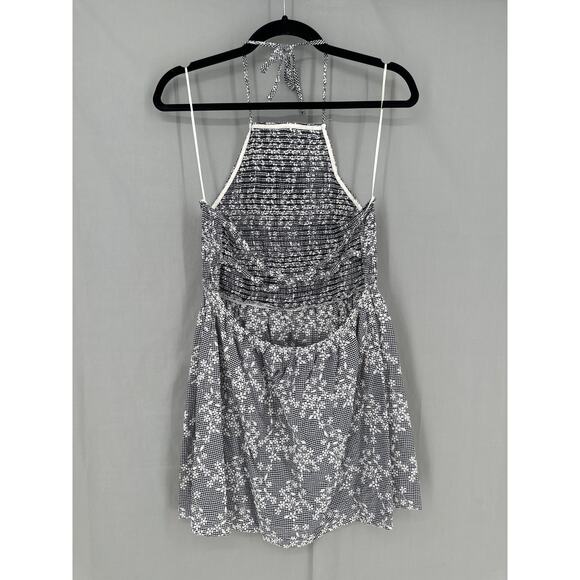 Zara Dress Women Medium Black Mini Gingham Plaid Floral Halter Open Back Cottage - Picture 3 of 9